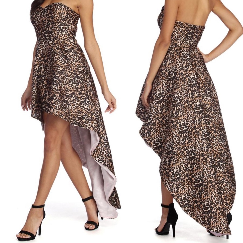Windsor High Low Strapless Leopard Pink Lined Prom Evening Gown Sweetheart Neck